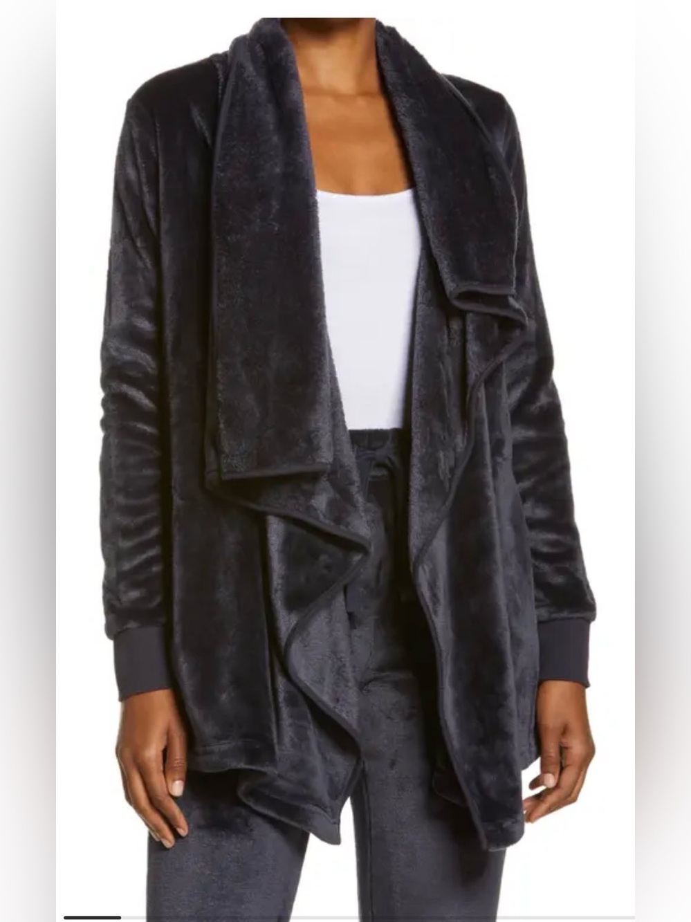 Ugg Orla Women’s Size L Black Plush Cozy Fleece Open-Front Drape Jacket Cardigan